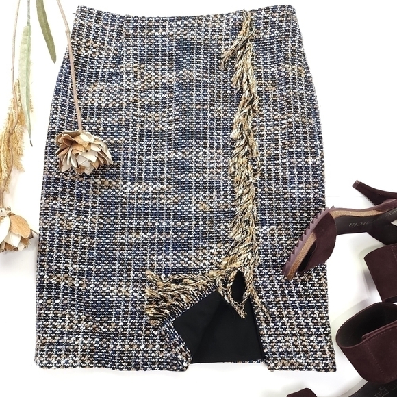 New Halogen Blue Tan Grey Tweed Tassled Skirt Sz 2 - Picture 10 of 11